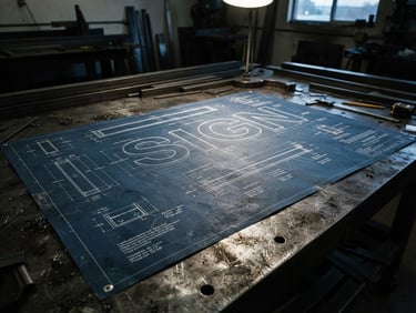 Close-up of a technical blueprint of a channel letter sign on a metal fabrication table, sharp architectural drafting lines, industrial lighting, 35mm lens