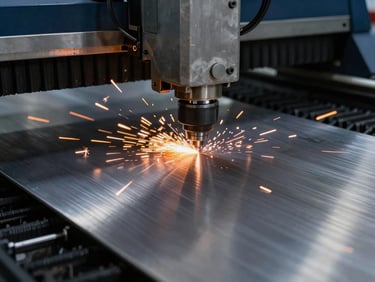 Macro close-up of a high-precision fiber laser cutting machine slicing through a thick plate of brushed stainless steel, bright orange sparks flying, dark industrial workshop setting, sharp focus, 35mm lens.