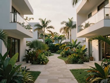 Modern minimalist tropical residential complex, clean architectural lines, private terraces, shared pathways winding through lush botanical gardens