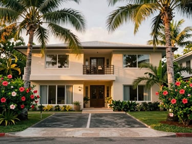 Architectural exterior of a modern two-story Caribbean house, private parking space, gated entrance, surrounded by towering palm trees and vibrant hibiscus