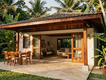 Spacious two-bedroom tropical casita, open-plan living room with high ceilings, teak wood finishes, outdoor dining area on a private veranda