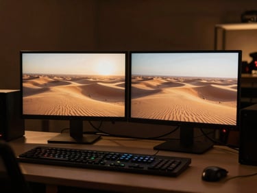 A high-end editing suite with dual monitors displaying rich, warm-toned cinematic footage of a desert landscape, dim studio lighting, professional colorist workspace.