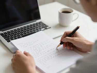 Single person seated at a desk reviewing handwritten notes beside an open laptop, north-facing daylight, coffee cup nearby, close crop emphasising hands and paper, no faces fully visible, quiet concentration