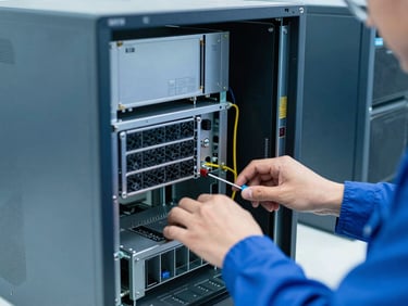 Technician's hands performing diagnostics on an open computer server, tools visible, industrial blue and slate tones, bright workshop light, sharp focus, 35mm