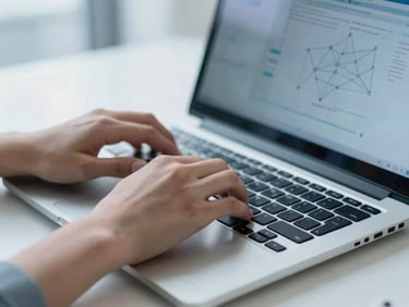 Hands typing on a secure laptop keyboard, with a network diagram faintly visible on screen, cool blue tones, natural office light, sharp focus, 35mm