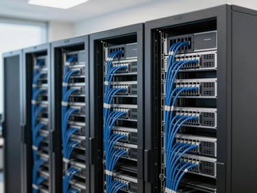 Clean, organized server rack with clearly labeled cables, blue and slate tones, natural bright office light, sharp focus, 35mm