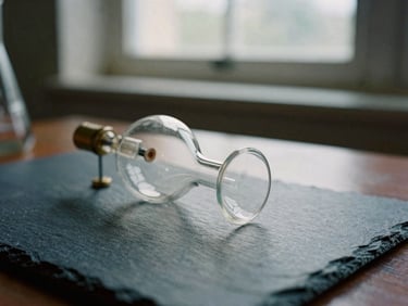 Extreme close-up of a vintage scientific glass instrument on a dark slate table, soft natural window light, deep shadows, editorial film photography style, 35mm lens.