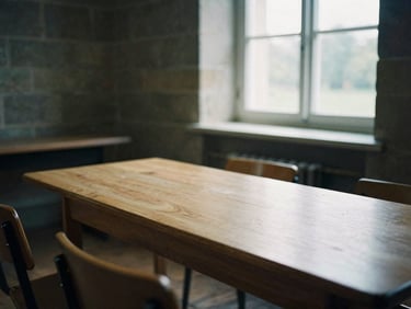 An empty wooden reading table inside a quiet stone-walled community hall, soft diffused window light, deep shadows, editorial film photography.
