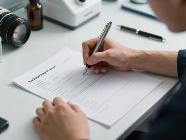 Close-up of a trichologist's hands writing a clinical protocol chart on a white desk, pen in motion, treatment notes visible, soft north-facing daylight, laboratory clarity