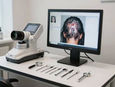 Wide environmental shot of a trichoscopy diagnostic station — monitor displaying scalp imaging software, instruments aligned on a white clinical surface, north-facing diffused indoor daylight, no people visible