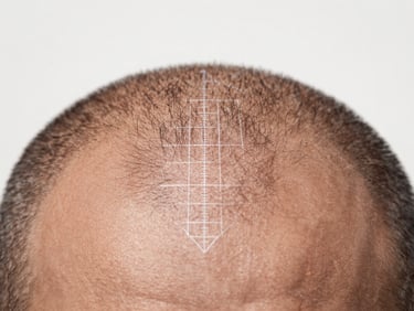 Extreme macro close-up of a scalp section with measurement overlay grid visible, clinical diffused light from above, sharp follicular detail, sterile white background, no faces