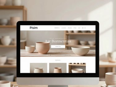 A beautiful responsive website homepage for an artisan pottery studio on a desktop screen, warm ceramic textures in background, soft morning light, editorial