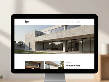 A highly professional portfolio website for an architecture firm on a desktop screen, clean lines, concrete and glass textures, soft daylight