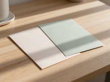 Tactile paper goods and branding mockups on a wooden desk with soft morning shadows, clean editorial composition, warm muted tones, 35mm