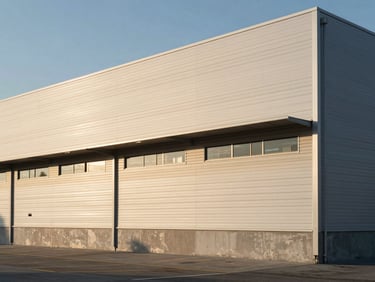 Clean architectural lines of a modern logistics warehouse facade in Bahia, warm afternoon sun casting long shadows, professional and stable.