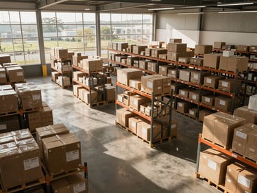 Wide environmental shot of a modern, organized distribution center in Brazil, warm natural daylight streaming through high windows, high-angle view of clean concrete floors and organized industrial shelving, no people.