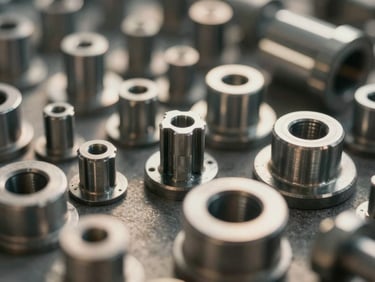 Macro close-up of clean, industrial steel hardware and structural metal parts arranged neatly under warm side daylight.