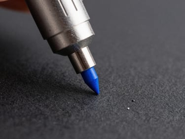Sharp macro photography of a high-precision printing nozzle depositing electric blue ink on textured black paper, high-contrast studio lighting, cool white and deep blue tones, extreme close-up, 85mm lens