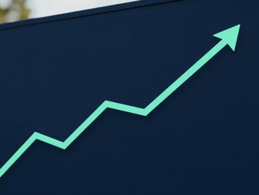 Clean geometric graph showing a linear upward trend, mint green line, on a dark navy background, minimalist, soft natural daylight