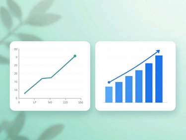 Two distinct graphs, one showing linear growth and the other exponential growth, on a clean screen, soft natural daylight, mint green and blue tones, shallow depth of field, clean minimalist photography.