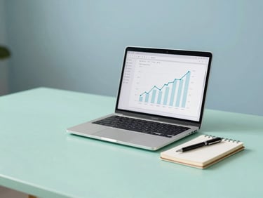 A minimalist workspace with a laptop displaying a growth chart, a small notebook, and a pen, soft natural daylight, mint green and blue tones, shallow depth of field, clean minimalist photography.