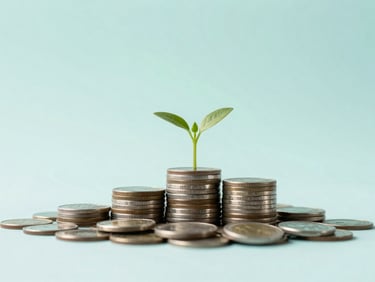 A close-up of a stack of coins growing, with a small plant sprouting from the top, soft natural daylight, mint green and blue tones, shallow depth of field, clean minimalist photography.