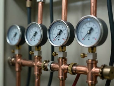 Clinical close-up of digital pressure gauges and copper manifolds inside a building utility room.