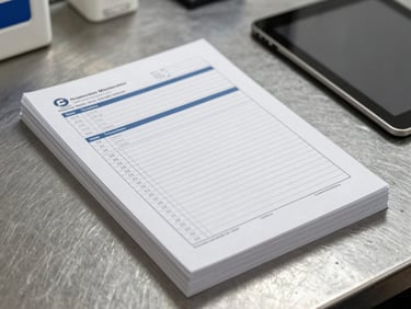 A neat stack of printed preventative maintenance logs on a clean steel desk next to a tablet.