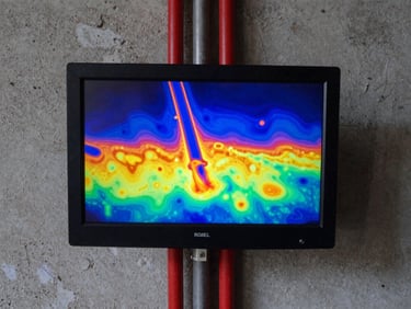 Straight-on architectural shot of a thermal imaging screen displaying heat signatures of hot water lines behind concrete.