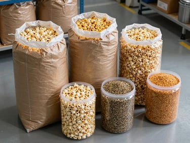 Overhead flat-lay of large bulk bags and sealed supply containers of raw popcorn kernels and seasoning on a clean factory floor, soft industrial light