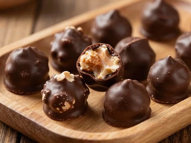 Close-up macro of chocolate-covered nuts and confections on a natural wood tray, warm directional light creating rich chocolate sheen and texture detail