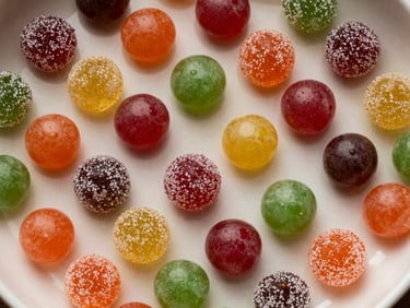 Overhead flat-lay of colorful candy-coated confections arranged in a shallow tray on a warm-white surface, soft studio light revealing glossy sugar shells