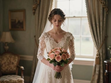 A bride in a vintage lace gown standing in a sunlit Victorian parlor, warm heritage photography, soft focus, holding a delicate bouquet of roses.