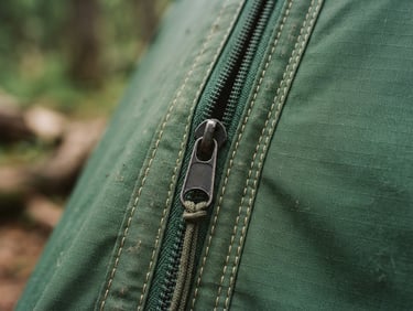 Close-up of clean tent zipper and double-stitched seams on a forest green fabric, soft overcast morning light, 35mm film style