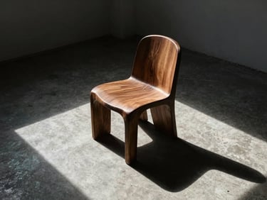 High-contrast studio shot of a sculptural hand-carved walnut chair casting a deep shadow on concrete floor