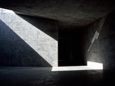 Dramatic architectural interior-to-exterior transition, stark concrete wall with sharp geometric sunlight cutout, deep shadows, raw concrete texture, wide-angle, 35mm film.