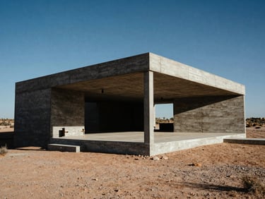 Wide-angle architectural exterior of a concrete pavilion integrated into wild desert terrain, high-contrast sunlight