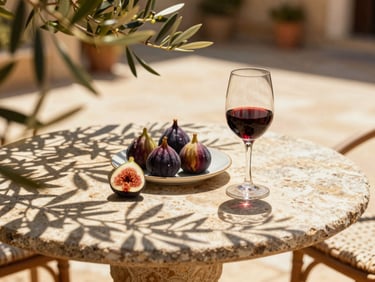 Warm editorial shot of a stone terrace table set with local figs and red wine, dappled afternoon sun filtering through olive leaves.
