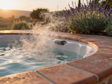 Tactile detail shot of steam rising from a private outdoor jacuzzi at sunset, warm terracotta tiles and wild lavender in the background.