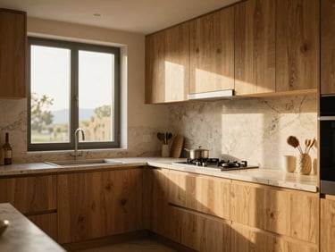 Wide shot of a modern fully equipped kitchen with minimalist oak cabinetry, warm light streaming through a window onto Dalmatian stone.