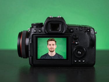 A professional camera over a dark studio desk, clean neon green backlight, showing a sharp portrait on the camera screen.
