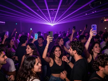 Dynamic wide shot of a packed nightclub dance floor under purple laser lights, guests smiling and holding up phones with neon screens.