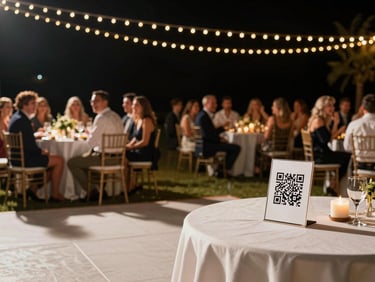 A romantic wedding reception dance floor at night, warm fairy lights, guests laughing and scanning a sleek QR stand on a table.
