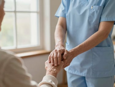 A professional home nurse in a soft blue uniform gently holding the hand of an elderly person, warm natural window lighting, comforting earth tones, authentic editorial photography