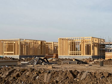 Wide landscape photograph looking across an active residential construction site, timber frames of new houses mid-build under pale daylight, scaffolding visible on the right, raw earth foreground, no people, documentary framing