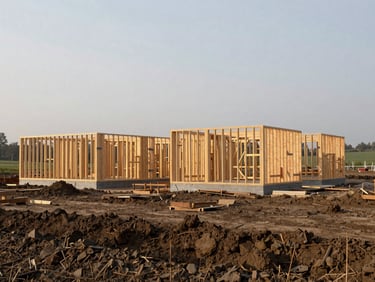 Wide environmental shot of a residential construction site at an early build phase, timber frame structures rising from cleared ground, no workers visible, natural morning overcast light, muddy earth in the foreground, countryside visible in the background