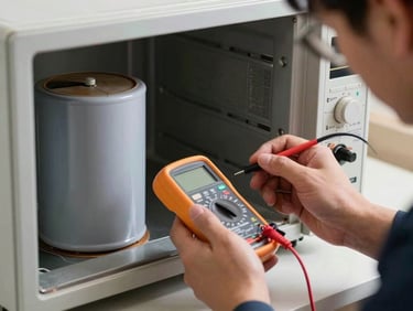 Technician using a multimeter to check the high-voltage capacitor inside a microwave oven