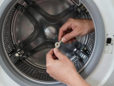 Technician repairing the drum assembly of a front-load washing machine, focused on hands with tools