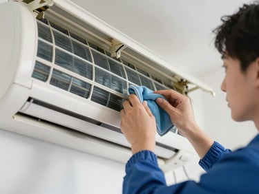 Close-up of a technician cleaning a split air conditioner filter, bright indoor lighting