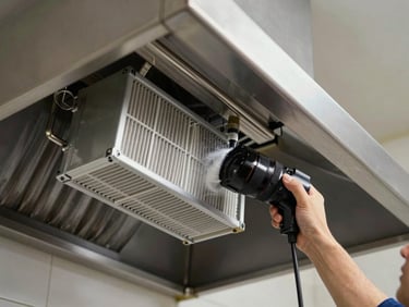 Technician degreasing and servicing the baffle filters of a stainless steel kitchen chimney